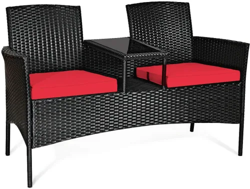 HAPPYGRILL Sofá biplaza de mimbre de ratán con mesa de café, sofá de conversación al aire libre con cojines para jardín, césped, patio trasero,