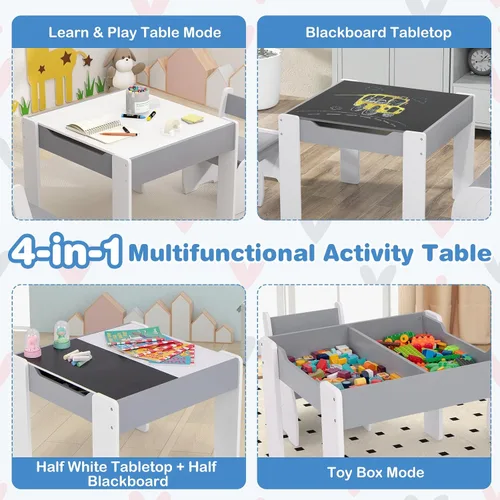 Miniatura 2 de Costzon Juego de mesa y silla para niños, mesa de actividades de madera 4 en 1 y 2 sillas con pizarra desmontable para arte, manualidades, dibujo