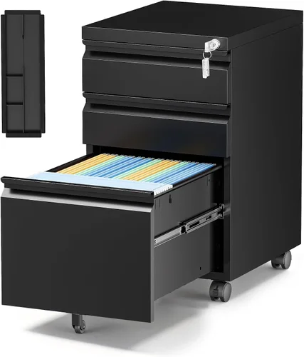 Miniatura 26 de Archivador de metal con 2 cajones con cerradura, gabinete archivador con soporte para impresora móvil y estantes para archivos de tamaño Negro