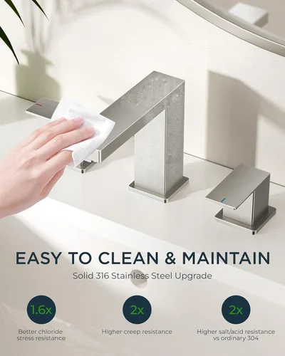 Miniatura 6 de FORIOUS Grifos de baño de níquel cepillado de 3 agujeros, acero inoxidable 2 manijas cuadradas de 8 pulgadas, grifo de fregadero de baño extendido