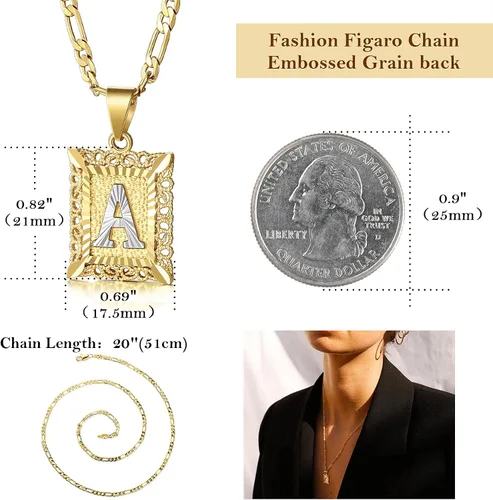 Miniatura 5 de KissYan Initial Letter Pendant Necklace for Mens Womens 18K Gold Plated Square Capital Monogram Necklace Alhpabets from A-Z Figaro Chain Necklace