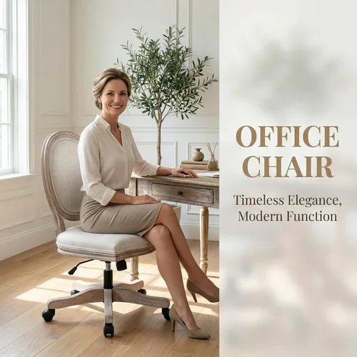 Miniatura 9 de LukeAlon Silla giratoria de lino vintage de 360°, silla de tareas de altura ajustable beige, marco de madera sin brazos, respaldo redondo y ruedas