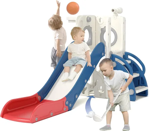 Miniatura 15 de KORIMEFA Tobogán infantil 7 en 1, tobogán infantil para bebés de 1 a 3 años, para interiores y exteriores, con aro de baloncesto y juego de golf