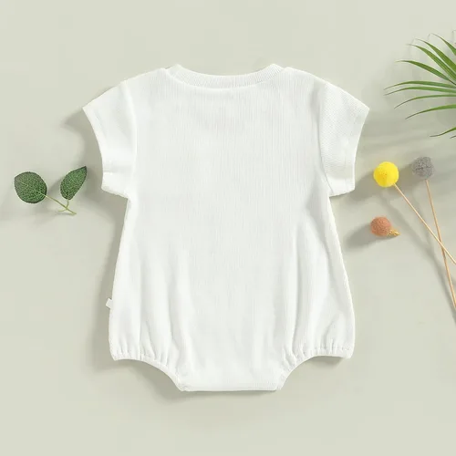 Miniatura 10 de KMBANGI Mameluco de manga corta con cuello redondo de punto acanalado de color sólido para bebé, niña y niño, traje de verano de una pieza