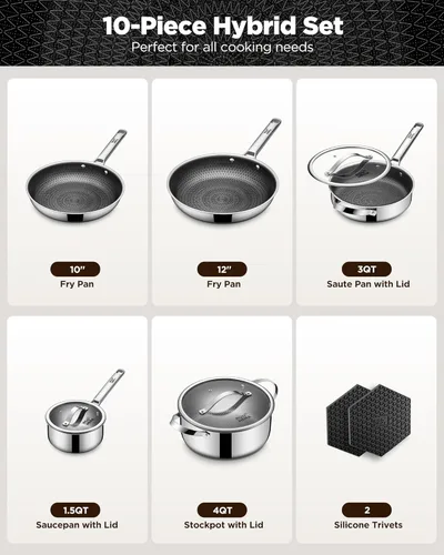 Miniatura 2 de Juego de ollas y sartenes de acero inoxidable híbrido, 10 piezas antiadherentes de tres capas con sartén, apto para lavavajillas y horno, sin PFOA