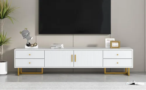 Miniatura 8 de BROVAVE 71" Wave Groove TV Stand, Entertainment Center with Metal Handles, TV Media Console with Cable Storage Hole for Living Room, White Negro