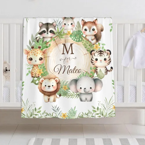 Manta de bebé personalizada para niñas y niños, manta de bebé personalizada con nombre de bosque de animales para niños pequeños, baby shower,