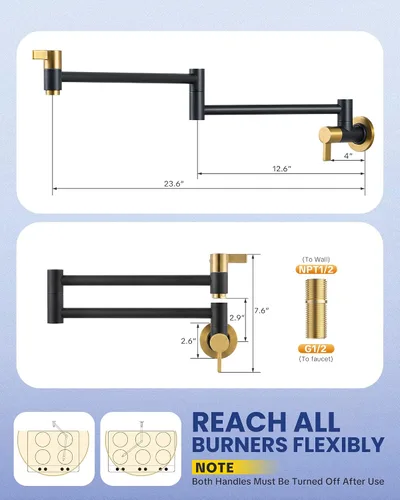 Miniatura 7 de Grifo de Llenado de Ollas Negro y Dorado, ARCORA Moderno Grifo de Llenado de Ollas de Montaje en Pared con 2 Manijas con Brazos Oscilantes de Doble
