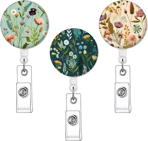 Paquete de 3 carretes para insignias - Lindo portainsignias retráctil con clip de identificación para accesorios de enfermera para el trabajo, flor-4
