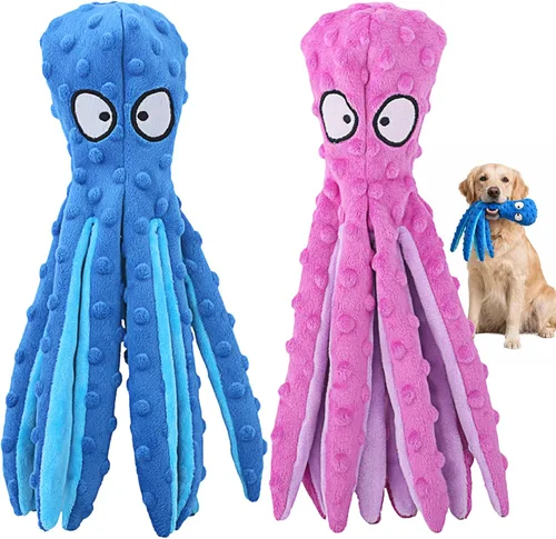 HGB Juguetes chirriantes para perros, paquete de 2 juguetes para masticar sin relleno, pulpo arrugado para cachorros, perros pequeños, medianos y