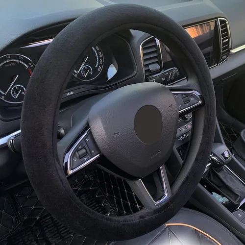 Funda de volante esponjosa, accesorios cortos de felpa para automóvil para hombres y mujeres con anillo interior, universal de 15 pulgadas (negro)