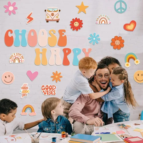Miniatura 6 de ZOiiWA Groovy - Juego de decoración de tablón de anuncios retro, estilo hippie y bohemio, juego de tablón de anuncios para escuela, autobús escolar