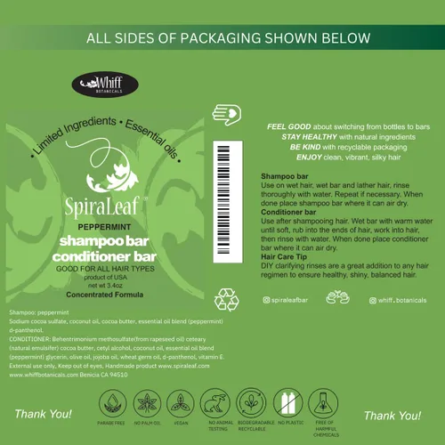 Miniatura 6 de SPIRALEAF Barra de champú sólido y barra acondicionadora, aceite esencial de menta, ingredientes limitados, fórmula concentrada, sin fragancia, sin