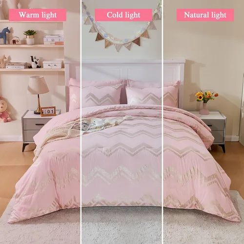 Miniatura 9 de Juego de ropa de cama para niñas, edredón rosa dorado para cama tamaño queen, 7 piezas, juego de ropa de cama dorado con purpurina en lámina
