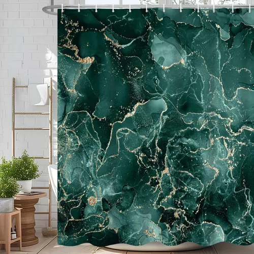 Miniatura 40 de Cortina de ducha abstracta de mármol negro gris y dorado con grietas, cortina de baño moderna ombre impresa, cortina impermeable y lavable de tela