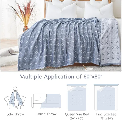 Miniatura 5 de jinchan Manta de muselina boho de 100% algodón, tamaño individual, 60x80 pulgadas, ligera, de 3 capas, diseño geométrico cruzado, reversible, colcha