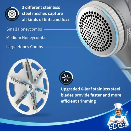 Miniatura 3 de MR.SIGA Afeitadora de tela y removedor de pelusas, afeitadora portátil a pilas con luces LED, 2 cuchillas reemplazables de 6 hojas, crema/gris