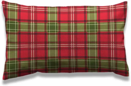 AOYEGO Funda de almohada de cuadros rojos y verdes de 12 x 20 pulgadas, fundas de almohada rectangulares de algodón y lino para decoración del