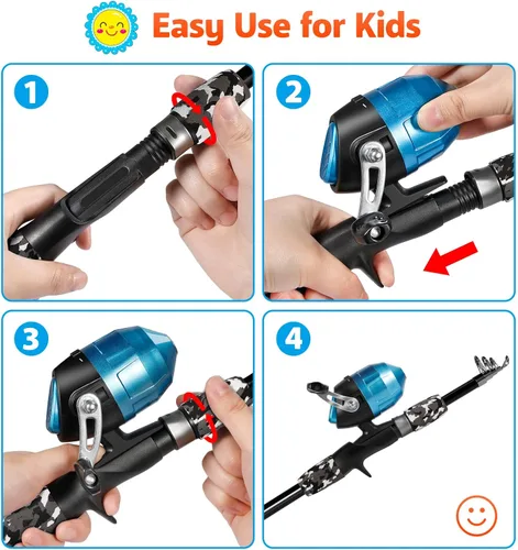 Miniatura 4 de PLUSINNO Caña de pescar para niños con carrete Spincast telescópica caña de pescar Combo kits completos para niños, niñas y adultos Negro