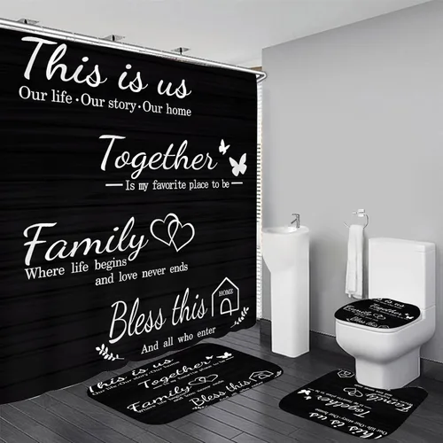 Juego de cortinas de ducha familiares AZHM Negro para baño con cortina de ducha y alfombras y accesorios Decoración de baño con cortina y 12 ganchos