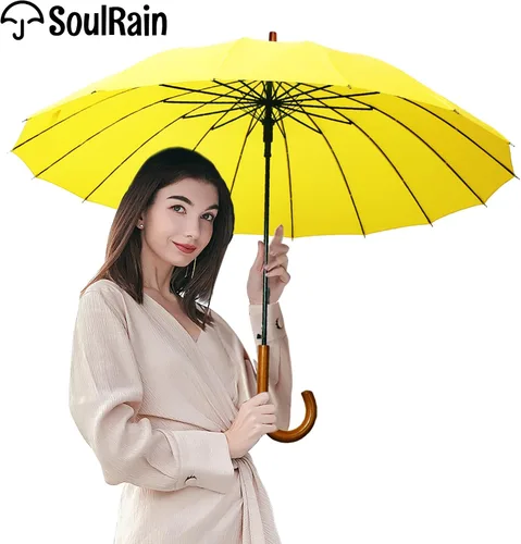 Miniatura 71 de SoulRain Paraguas de palo de 16 varillas de 48 pulgadas, apertura automática, color sólido, moderno y simple, mango de madera clásico de arco