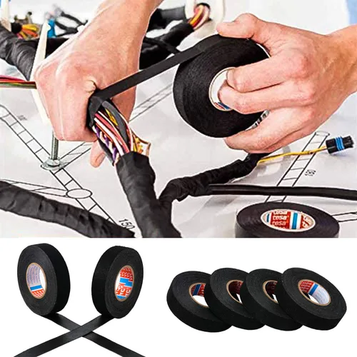 Miniatura 3 de HSTECH 2 rollos de cinta de arnés de cable, cinta de tela para arnés de cableado de altavoz, cinta adhesiva negra, para arnés de cables eléctricos