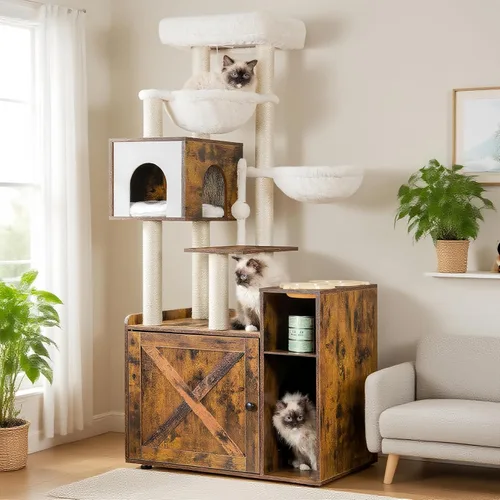 Miniatura 11 de Hey-brother Árbol para gatos con recinto de caja de arena XL, torre para gatos todo en uno para gatos de interior con hamaca grande, cama, estación