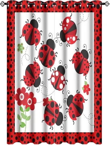 Miniatura 27 de Cortinas opacas de estilo japonés de mariquita de dibujos animados, diseño de eucalipto de mariquita roja y negra, juego de tratamiento de ventana