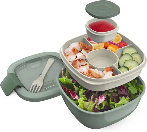 Bentgo Recipiente para ensalada – Tazón de 54 onzas con bandeja de 4 compartimentos para aderezos, recipiente a prueba de fugas, tenedor Caqui Verde
