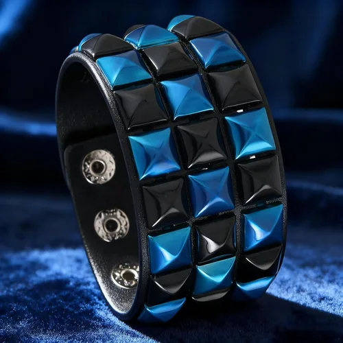 Miniatura 3 de Pulsera de cuero con remaches de pirámide de 3 hileras, pulsera de joyería punk de cuero