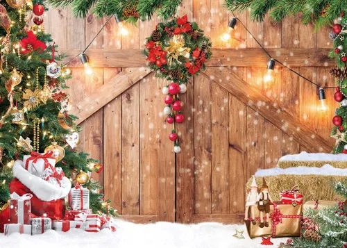 Miniatura 7 de Telón de fondo de Navidad de 8 x 6 pies para fotografía de invierno, Navidad, rústico, puerta de madera, telón de fondo, árbol de Navidad, regalos