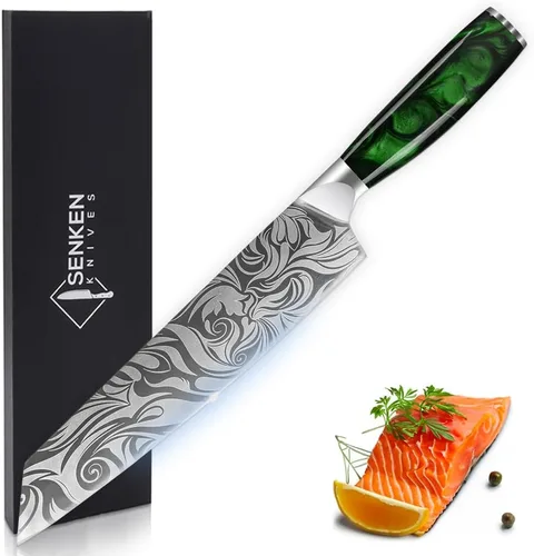 SENKEN - Cuchillo japonés Kiritsuke de 9 pulgadas con asas de resina verde esmeralda, cuchillo de chef japonés grabado para el hogar, cocina y