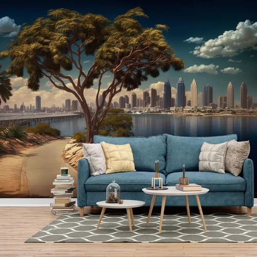 Papel tapiz único de paisaje de la ciudad de San Diego, rascacielos y vista del árbol, arte mural de pared grande para decoración de dormitorio,
