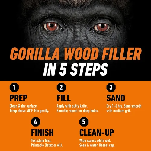 Miniatura 5 de GORILLA Masilla para Madera Multiusos, Acabado Natural, Tubo de 16 Onzas (Paquete de 1) - Resistente al Agua para Proyectos y Reparaciones