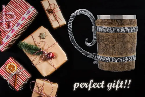 Miniatura 3 de Jarra de barril de madera Stein Tankard, Taza de acero inoxidable con asa, decoración nórdica vikinga mitológica poética gótica para fiestas