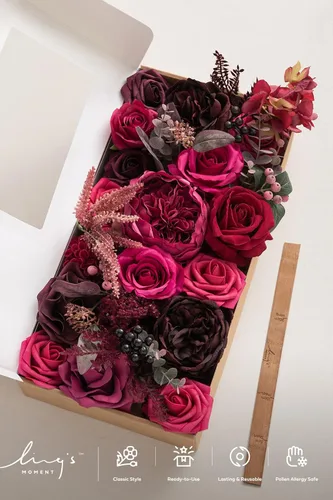 Miniatura 5 de Ling's moment Caja de flores artificiales, tallos de follaje artificial, rosas de espuma, bayas, peonía de seda, eucalipto, flor de tela