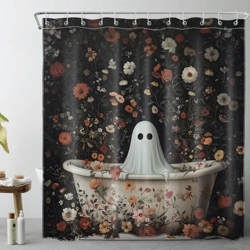 Miniatura 13 de LB Cortina de ducha pequeña de fantasma de Halloween de 48 x 68 pulgadas, forro de cortina de ducha de tamaño medio floral naranja, divertidas