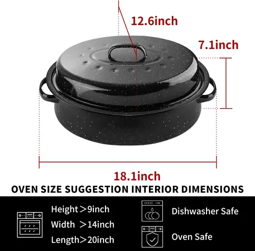 Miniatura 4 de DIMESHY Bandeja para asar de 18 pulgadas, esmaltada en acero, bandeja ovalada cubierta en negro con tapa, utensilio de cocina grande para pavo