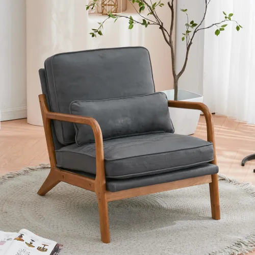 Miniatura 10 de Sillas decorativas modernas de mediados de siglo, sillón de lectura individual de tela bronceadora con marco de madera maciza, sillones de fácil