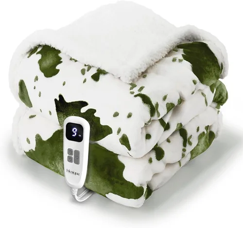 Miniatura 15 de Manta térmica con estampado de vaca, manta eléctrica, manta térmica con 10 niveles de calor y 10 horas de apagado automático, acogedora y suave