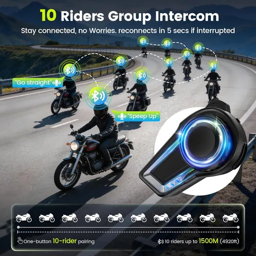 Miniatura 2 de X10 - Auriculares Bluetooth para casco de motocicleta V5.4, sistema de comunicación de intercomunicación de grupo de 10 jinetes, cancelación