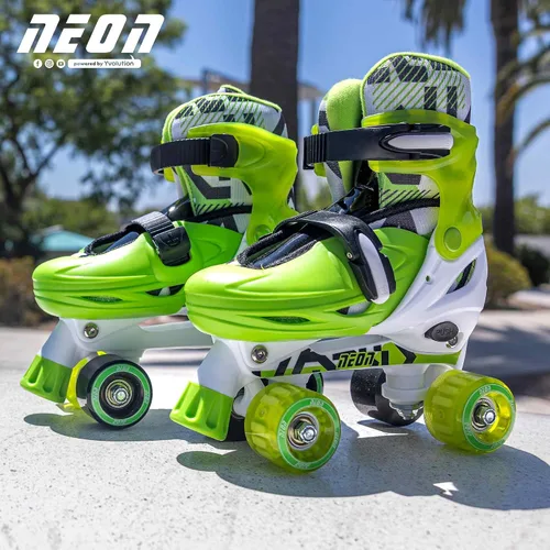 Miniatura 7 de Yvolution Patines combinados de neón, patines 2-1 cuádruple y en línea para niños con ruedas LED, tamaño ajustable (verde, 3 a 6)