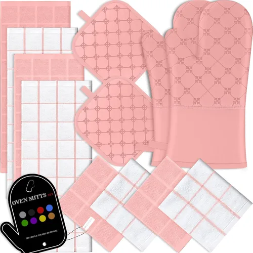 Miniatura 16 de Juego de 12 manoplas de cocina con soportes para ollas, juego de 12 paños de cocina, guantes de horno, almohadillas resistentes al calor a 500 Beige