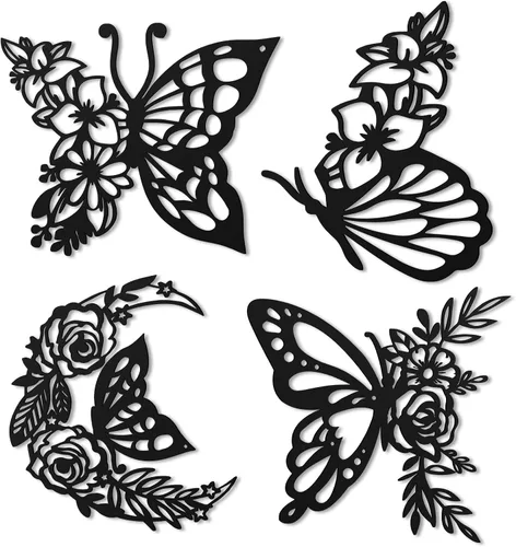 LOYIM 4 piezas de decoración de pared de mariposa de metal, decoración de pared de hojas de metal, fases lunares, floral, bohemio, para colgar en la
