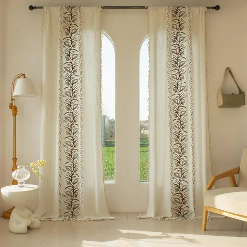 Miniatura 18 de BHUSB Cortinas rústicas para sala de estar de 63 pulgadas de largo, cortinas de ventana de lino y algodón con estampado floral bohemio, cortinas