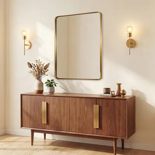 Miniatura 3 de ANDY STAR Espejo de baño dorado de 24 x 30 pulgadas, espejo de latón cepillado, espejos rectangulares redondeados, SUS304 antioxidante, marco