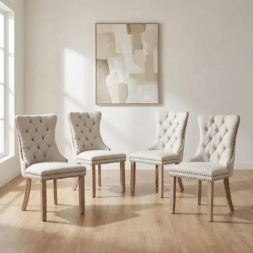 Miniatura 72 de OVENTA Juego de 4 sillas de comedor modernas tapizadas copetudas, terciopelo negro y gris y cuero con patas de madera maciza, sillas de cocina