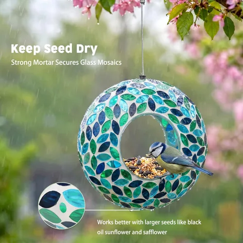 Miniatura 2 de VCUTEKA Comedero de mosaico para pájaros para colgar en el exterior con recipiente de vidrio de forma redonda para atraer más aves silvestres