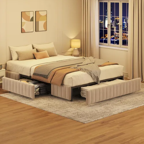 Miniatura 2 de Topeakmart Base de cama tapizada de tamaño matrimonial con 3 cajones, plataforma de almacenamiento con soporte de listones de madera, base