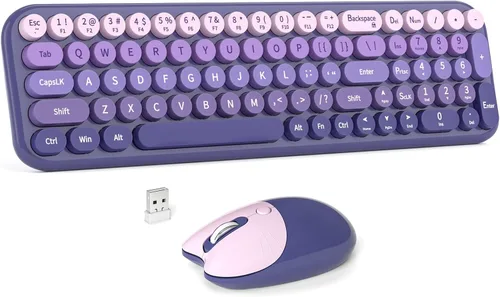 Miniatura 14 de MOWUX - Combo de teclado y mouse inalámbricos, máquina de escribir de tamaño completo, retro, redondo, lindo mouse óptico inalámbrico, Plug and Azul